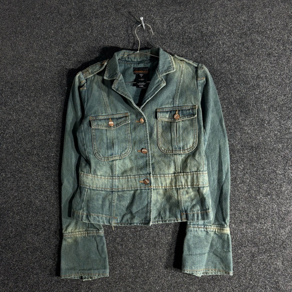 Bebe Cropped Denim Jacket Moto Style Y2K USA Made Long Cuffs Size Small